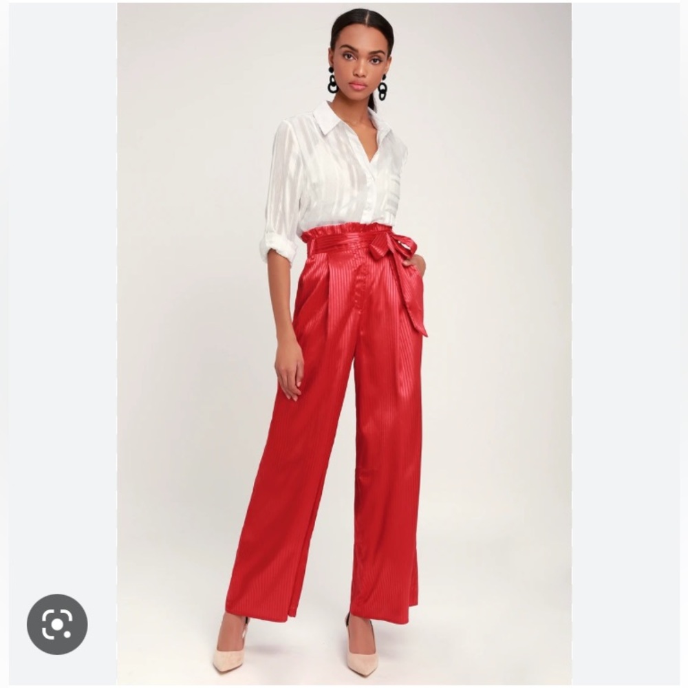 Lulus Haute to trot red striped satin pants wide leg Size Large